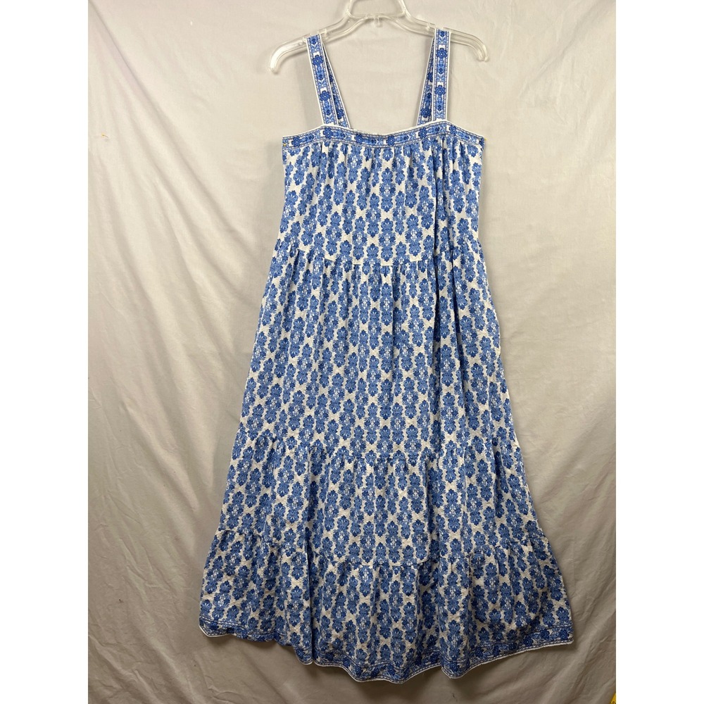 Max Studio London Maxi Dress Womens Small Blue White Floral Tiered Block Print
